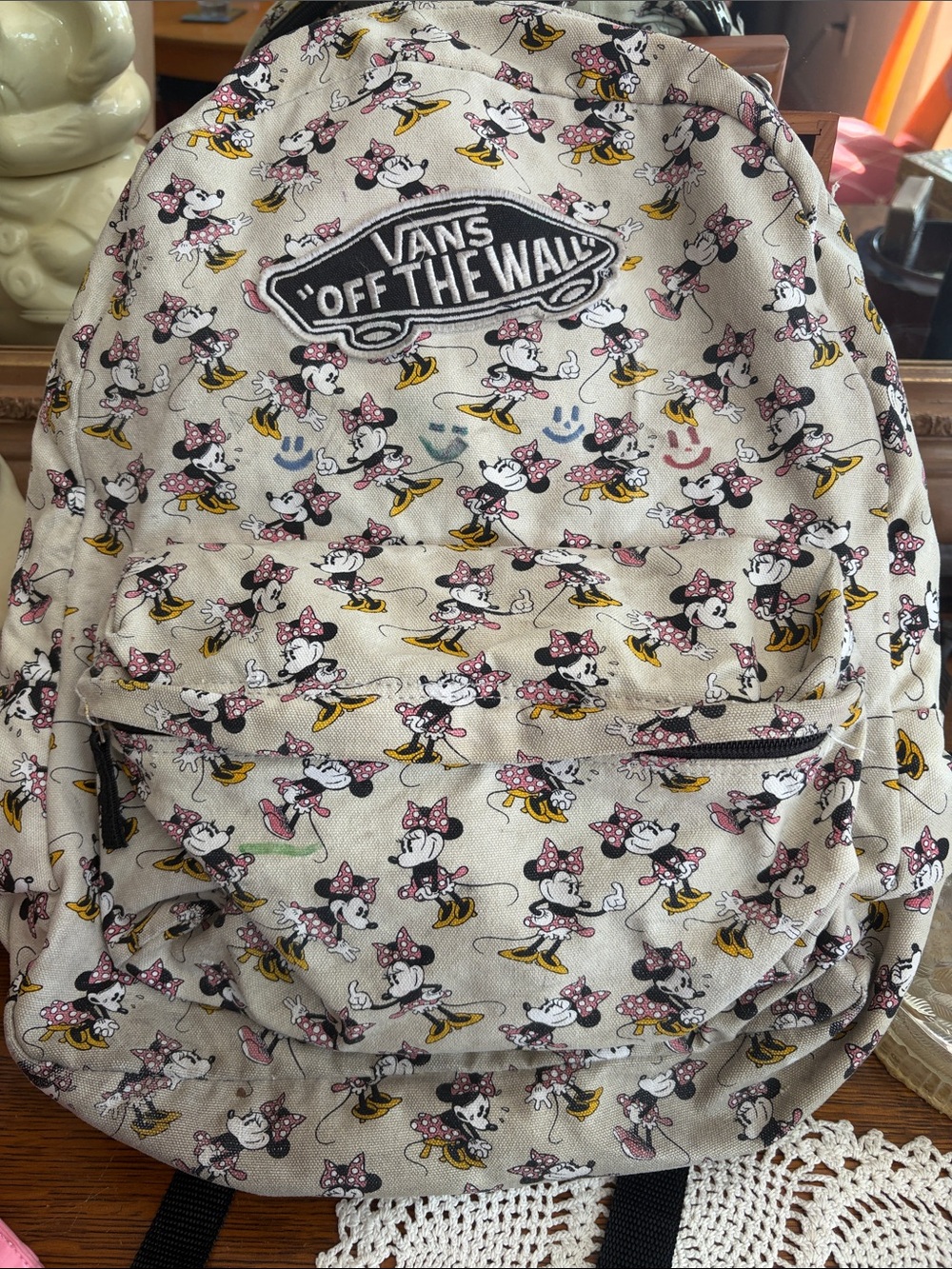 Vans Beige Minnie Mouse Print Backpack with Pink & Yellow Accents